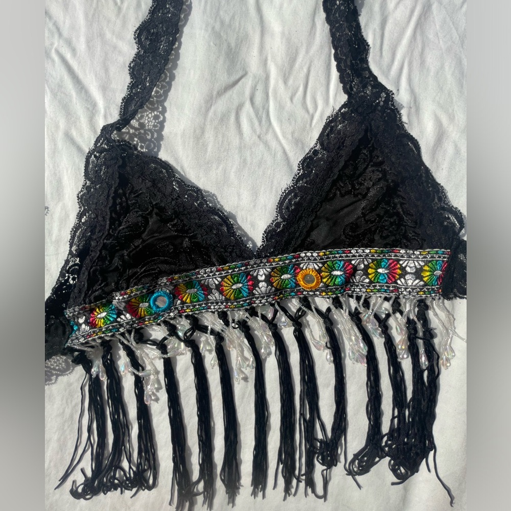 Black Lace Rave Halter Bralette with Colorful Embroidery